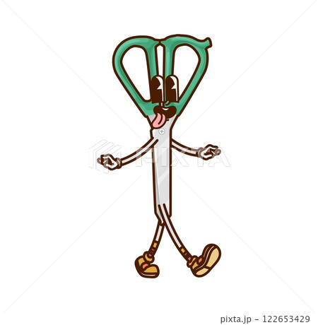 Cartoon groovy scissors school stationery character with a friendly expression, embodying creativity and fun. Isolated vector educational cutting tool personage conveying a sense of learning for kids 122653429