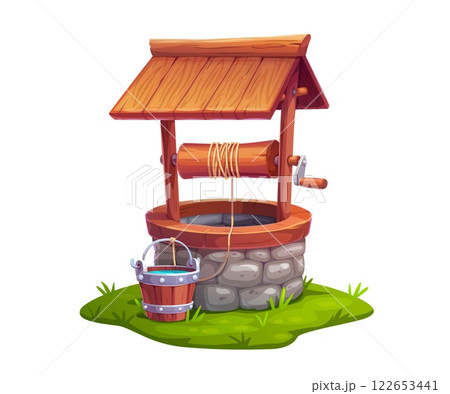 Cartoon farm stone water well with wooden bucket, pulley and rope. Vector old drinking water dug well with brick stone masonry decoration on green grass, game asset or village landscape element 122653441