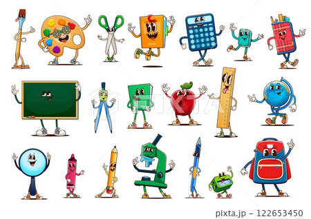 School stationery and education funny groovy characters, vector back to school retro personages. Cartoon pencil, book and pen, student bag, globe and ruler. Groovy scissors, paint and brush characters School stationery and education funny groovy characters, vector back to school retro personages. Cartoon pencil, book and pen, student bag, globe and ruler. Groovy scissors, paint and brush characters 122653450