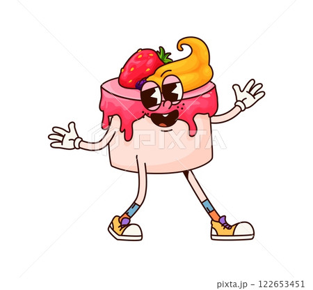 Groovy breakfast cake dessert cheerful character. Cafe dessert funny mascot, restaurant pastry meal or takeaway sweet cupcake isolated groovy vector character. Cafe dessert cute personage with berries Groovy breakfast cake dessert cheerful character. Cafe dessert funny mascot, restaurant pastry meal or takeaway sweet cupcake isolated groovy vector character. Cafe dessert cute personage with berries 122653451