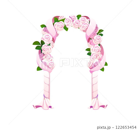 Cartoon wedding and marriage arch adorned with pink roses, green leaves and delicate ribbons wrapping around the structure. Vector elegant and romantic arc with floral arrangement for special ceremony Cartoon wedding and marriage arch adorned with pink roses, green leaves and delicate ribbons wrapping around the structure. Vector elegant and romantic arc with floral arrangement for special ceremony 122653454