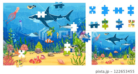 Underwater landscape, kids jigsaw puzzle logic game. Part connect vector puzzle, figure search riddle or game worksheet with corals, shark, squid, manta ray or stingray, clown fish cartoon sea animals Underwater landscape, kids jigsaw puzzle logic game. Part connect vector puzzle, figure search riddle or game worksheet with corals, shark, squid, manta ray or stingray, clown fish cartoon sea animals 122653455