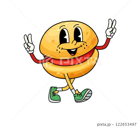 Funny groovy sandwich cookie dessert cartoon character. Vector playful bakery with cheerful expression, flashing peace signs. Cute sweet pastry retro personage wearing sneakers radiating joy and fun Funny groovy sandwich cookie dessert cartoon character. Vector playful bakery with cheerful expression, flashing peace signs. Cute sweet pastry retro personage wearing sneakers radiating joy and fun 122653497