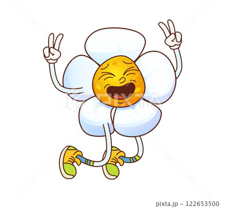 Funny groovy daisy chamomile flowers character. Hippie chamomile cartoon isolated vector mascot, blooming plant happy character. Summer daisy flower hippie personage jumping, shoving peace hand sign Funny groovy daisy chamomile flowers character. Hippie chamomile cartoon isolated vector mascot, blooming plant happy character. Summer daisy flower hippie personage jumping, shoving peace hand sign 122653500