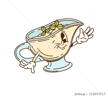 Cartoon groovy sauce character in creamer pitcher or jug bowl with funny face, vector emoji. Groovy cream sauce retro cartoon character with happy smile and winking for food dressing and cooking 122653517