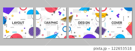 Abstract square banners with geometric memphis patterns of vector line art shapes. Modern trendy memphis graphic pattern backgrounds for business banner templates with color lines and dots figures 122653518