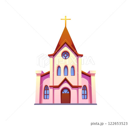 Cartoon church featuring pink and white facade, arched windows, tall steeple with golden cross and central circular stained glass. Isolated vector building ready for marriage and wedding ceremonies 122653523
