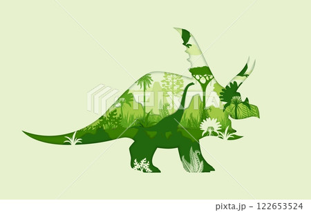 Paper cut dinosaur silhouette with prehistoric jungles landscape inside. Vector double exposure of green chasmosaurus dinosaur with titanosauria and dimorphodon dinos, trees and plants silhouettes 122653524