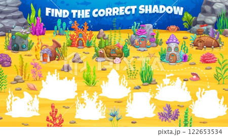 Find the correct shadow of underwater house buildings, kids game vector worksheet. Cartoon fairytale sea bottom town matching puzzle quiz with cute coral, amphora, tin can and boat underwater houses 122653534