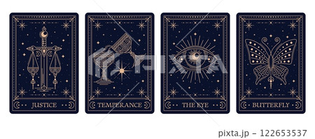 Tarot cards with esoteric and magic occult or mystic symbols in frames, vector backgrounds. Tarot cards golden frames with sacred esoteric symbols of justice, eye and temperance cup with butterfly Tarot cards with esoteric and magic occult or mystic symbols in frames, vector backgrounds. Tarot cards golden frames with sacred esoteric symbols of justice, eye and temperance cup with butterfly 122653537