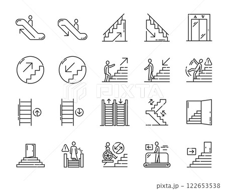 Stairs, escalator and elevator emergency exit line icons, vector up and down arrows. Stairs, emergency exit doors and wheelchair information signs for direction and attention instruction symbols 122653538