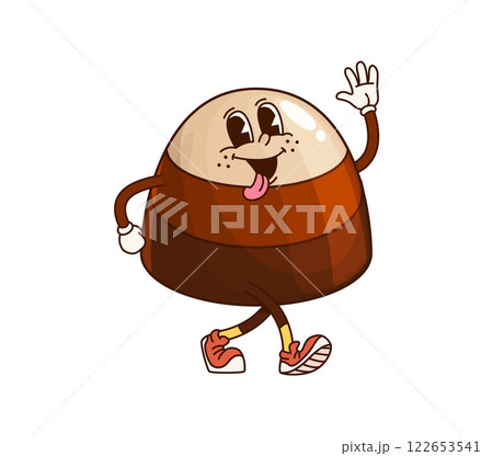 Groovy chocolate candy sweet character with a playful expression, sticking out its tongue and wearing sneakers. Isolated cartoon vector pastry treat retro personage exudes fun, joy and grooviness 122653541