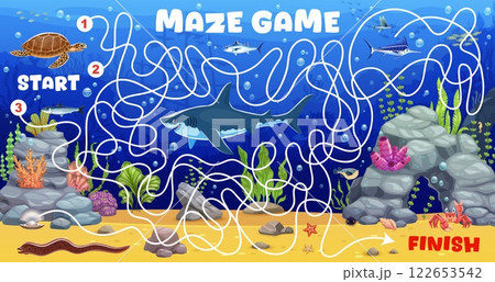 Kids labyrinth maze game with sea animals turtle, shark and fish encourages problem-solving and marine life exploration for children. Cartoon vector worksheet riddle promoting creativity and learning 122653542