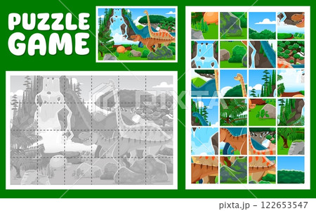Prehistoric dinosaur animals on jigsaw puzzle logic game quiz, cartoon vector worksheet. Kids jigsaw puzzle game to find and match cutout picture pieces with Jurassic dinosaurs and funny dino lizards Prehistoric dinosaur animals on jigsaw puzzle logic game quiz, cartoon vector worksheet. Kids jigsaw puzzle game to find and match cutout picture pieces with Jurassic dinosaurs and funny dino lizards 122653547