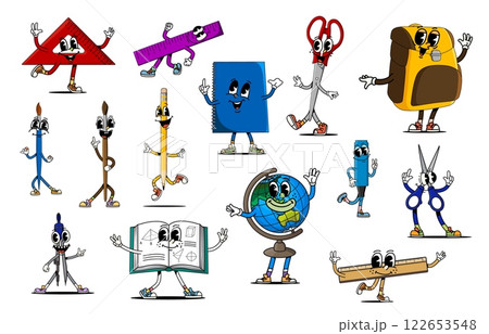 Cartoon groovy school education stationery characters and funny student supplies, vector comic. Groovy school characters of rulers with funky face and pencil with freaky smile, globe and school bag 122653548