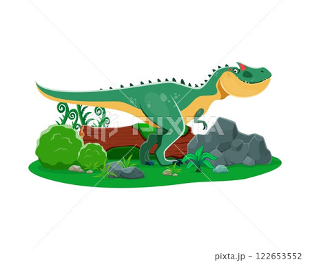 Cartoon allosaurus dinosaur character. Prehistoric animal cute personage, extinct lizard or Jurassic era carnivore dinosaur funny isolated vector character. Paleontology reptile predator on meadow 122653552