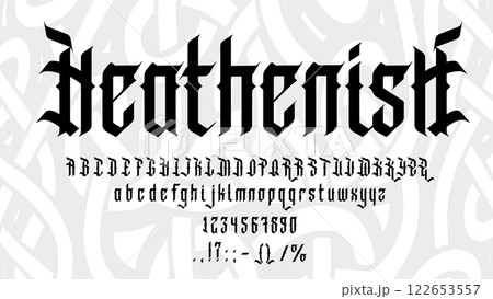 Vintage tattoo font, gothic medieval typeface, old english alphabet, gothic calligraphy type vector typography set. Medieval victorian font with english abc letters and numbers for tattoo or print 122653557