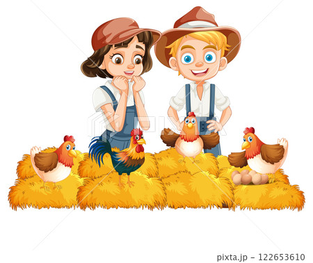 Children Enjoying Farm Life with Chickens Children Enjoying Farm Life with Chickens 122653610