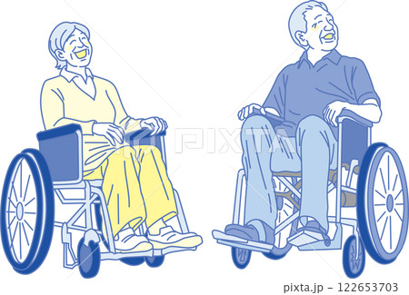 介護イラスト _介護士と車椅子に乗った高齢男女_青黄 122653703