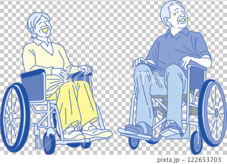 介護イラスト _介護士と車椅子に乗った高齢男女_青黄 122653703