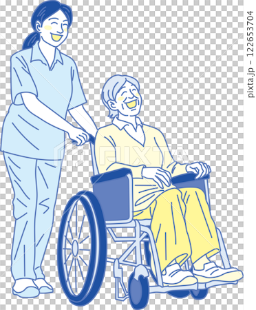 Nursing care illustration _ Smiling caregiver and elderly woman in a wheelchair _ Blue and yellow Nursing care illustration _ Smiling caregiver and elderly woman in a wheelchair _ Blue and yellow 122653704