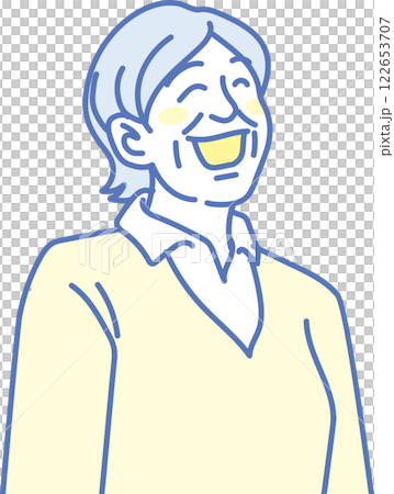 Nursing care illustration _ Smiling elderly woman _ Blue yellow Nursing care illustration _ Smiling elderly woman _ Blue yellow 122653707