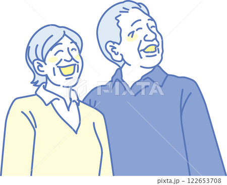 介護イラスト _笑顔の高齢男女_青黄 122653708