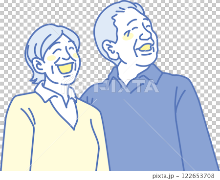 介護イラスト _笑顔の高齢男女_青黄 122653708