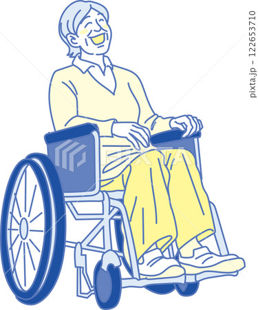介護イラスト _笑顔の車椅子に乗った高齢女性_青黄 介護イラスト _笑顔の車椅子に乗った高齢女性_青黄 122653710