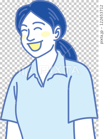 Nursing care illustration _ Smiling young caregiver _ Blue and yellow Nursing care illustration _ Smiling young caregiver _ Blue and yellow 122653712