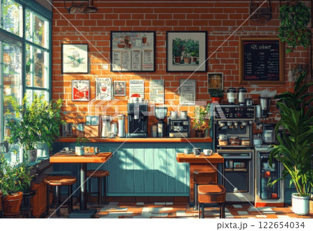 カフェの店内を描いたピクセルアートイラスト 122654034