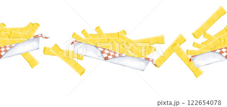 Watercolor Illustration Seamless Pattern Border with French Fries in Cardboard Container with Napkin for Printing, Textile and Web Use 122654078