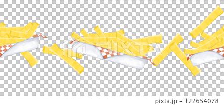 Watercolor Illustration Seamless Pattern Border with French Fries in Cardboard Container with Napkin for Printing, Textile and Web Use 122654078