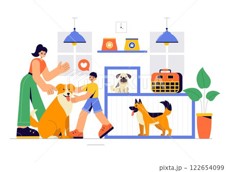 Vector Illustration of an Animal Adoption Agency Featuring Pet Adoption from a Shelter with Cats and Dogs in a Flat Cartoon Background 122654099
