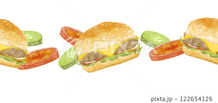 Watercolor Illustration Seamless Pattern Border with Cheeseburgers, Tomatoes and Pickles for Use in Printing, Textile and Web Watercolor Illustration Seamless Pattern Border with Cheeseburgers, Tomatoes and Pickles for Use in Printing, Textile and Web 122654126