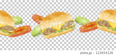 Watercolor Illustration Seamless Pattern Border with Cheeseburgers, Tomatoes and Pickles for Use in Printing, Textile and Web Watercolor Illustration Seamless Pattern Border with Cheeseburgers, Tomatoes and Pickles for Use in Printing, Textile and Web 122654126