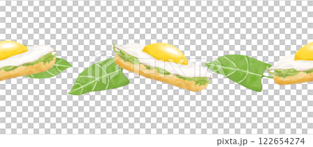 Watercolor Illustration Seamless Pattern Border with Sandwich, Fried Egg and Spinach Leaves for Printing, Textile and Web Use 122654274