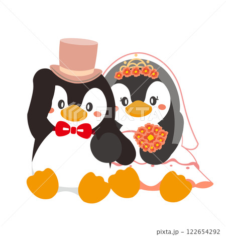 ウェディング衣装の座ったペンギンのイラスト 122654292