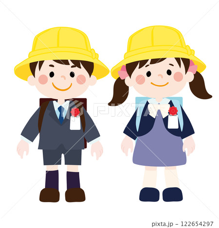 入学式でランドセルを背負う笑顔のこどもたちのベクターイラスト 122654297