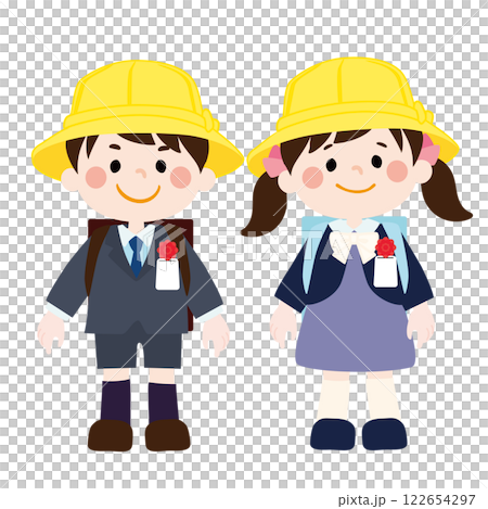 入学式でランドセルを背負う笑顔のこどもたちのベクターイラスト 122654297