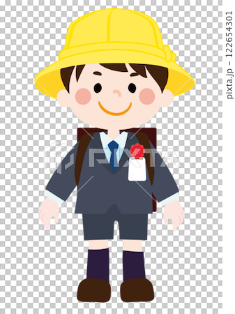 入学式でランドセルを背負う笑顔の男の子のベクターイラスト 122654301