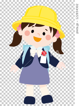 入学式でランドセルを背負い嬉しそうに笑う女の子のベクターイラスト 122654302