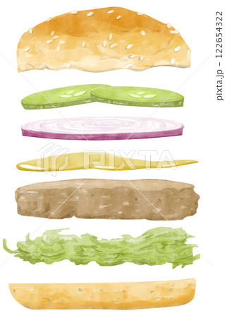 Watercolor Illustration with Burger in Flight: Bun, Pickles, Red Onion, Mustard, Patty, Lettuce for Use in Menu, Printing, Textile and Web 122654322
