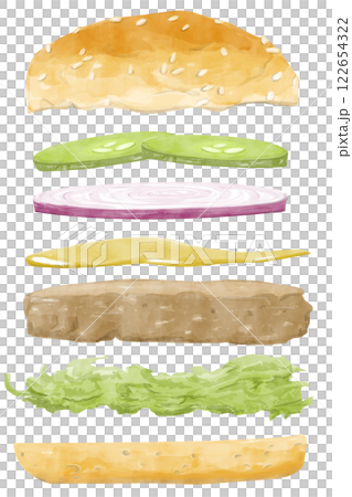Watercolor Illustration with Burger in Flight: Bun, Pickles, Red Onion, Mustard, Patty, Lettuce for Use in Menu, Printing, Textile and Web 122654322
