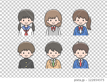 Icon set of 6 students wearing various uniforms Icon set of 6 students wearing various uniforms 122654373