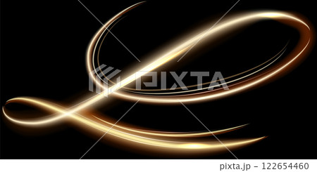Golden light trails swirling and flowing on black background creating an elegant and abstract design, perfect for luxury, technology, or futuristic themes 122654460