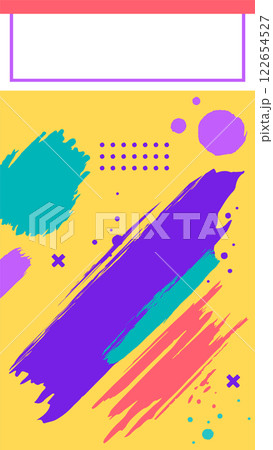 Vibrant brushstrokes in purple, teal, and coral create a dynamic abstract composition on a yellow backdrop, featuring geometric shapes, dots, and copy space at the top 122654527