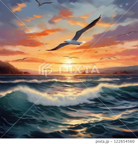 the AI Image Generator, Serene Coastal Sunset with Waves and Flying Seagulls 122654560