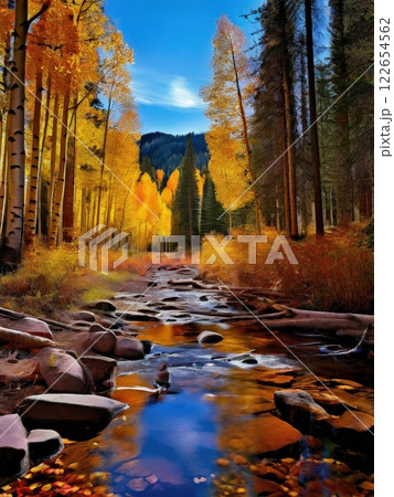 the AI Image Generator, Autumn Forest Pathway Surrounded by Vibrant Fall Foliage 122654562