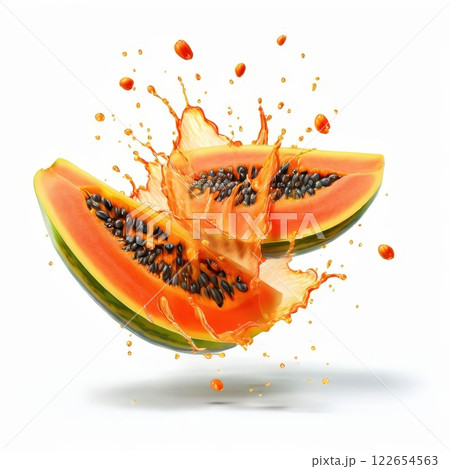 the AI Image Generator, Fresh Split Papaya Splashing Juice Drops Against 122654563